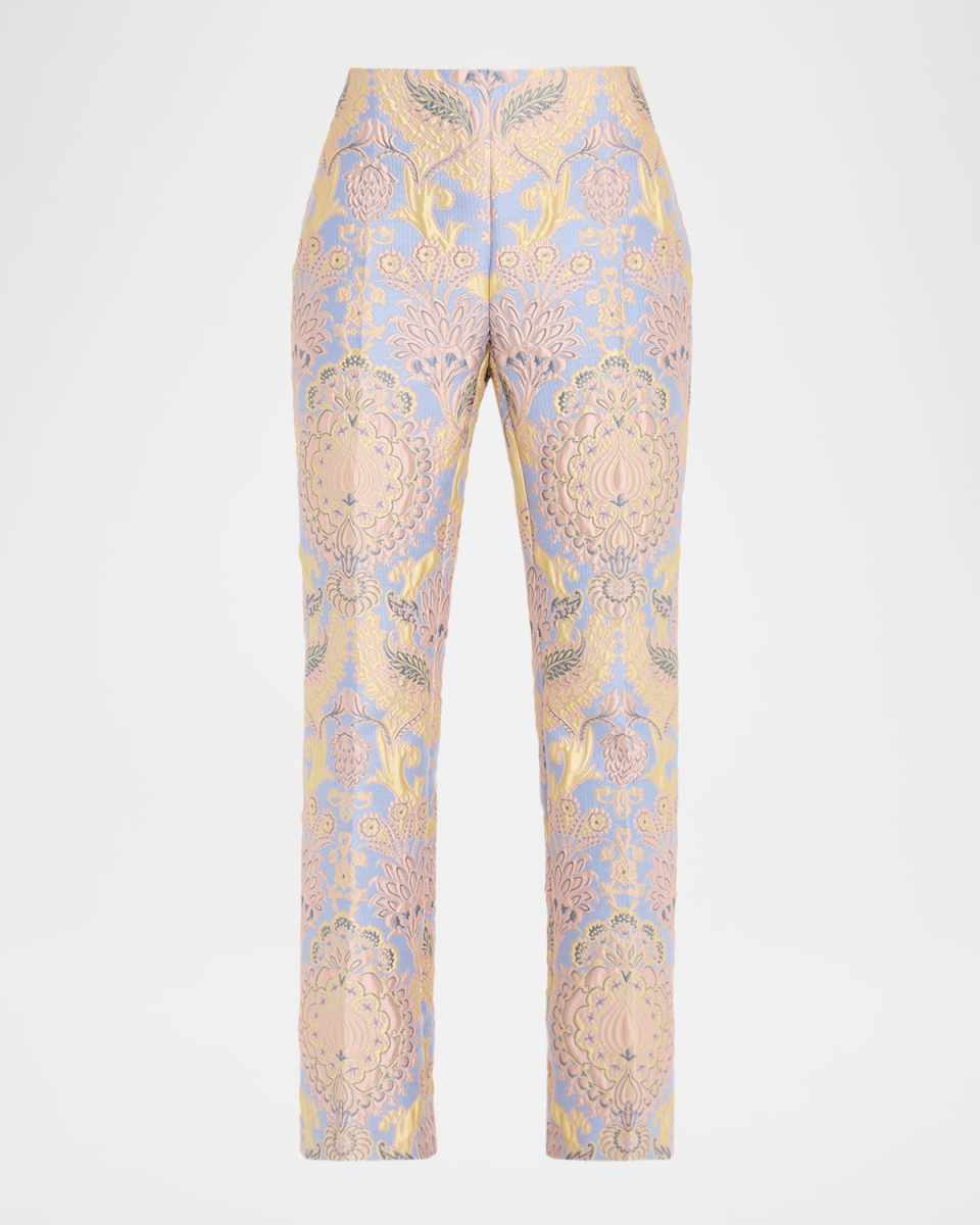 Floral Brocade Straight-Leg Ankle Trousers